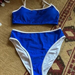 Blue and White high waisted Bikini Set